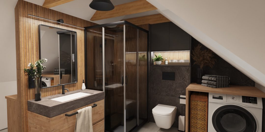 Projekt wnętrz domu - łazienka na poddaszu z elementami drewnopodobnymi oraz ciemnymi